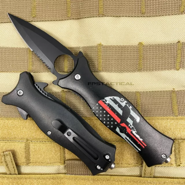 PacSol Punisher Spring Assist Stiletto Knife Black USA American Flag Skull 8.5"