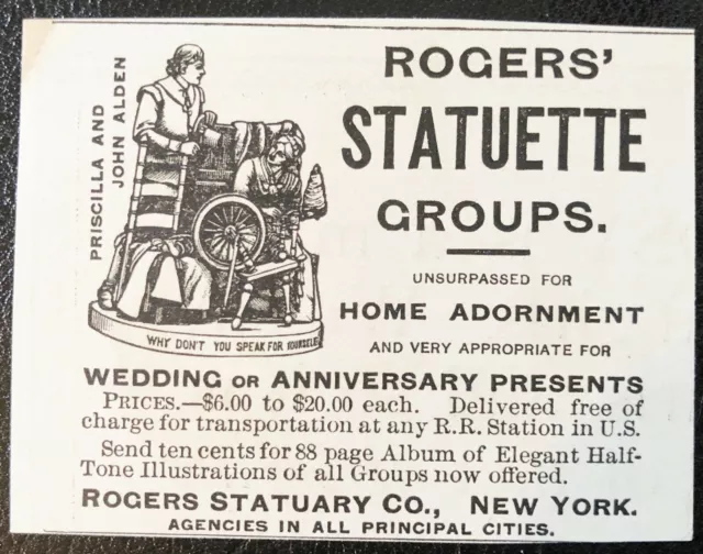 Antique1895 ROGERS STATUARY CO.Vtg Print Ad~Priscilla&John Alden Statuette Group