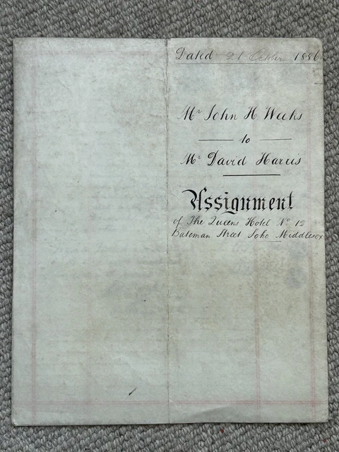 1886 indentured deed, Queens Hotel, no. 12 Bateman Street, Soho, London