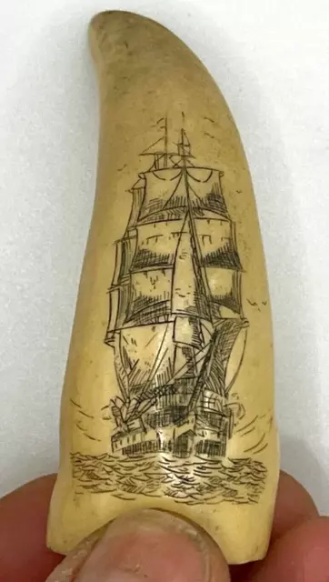 ARTEK Scrimshaw Whale Tooth resin REPRODUCTION Ship carving in JFK Library 3"