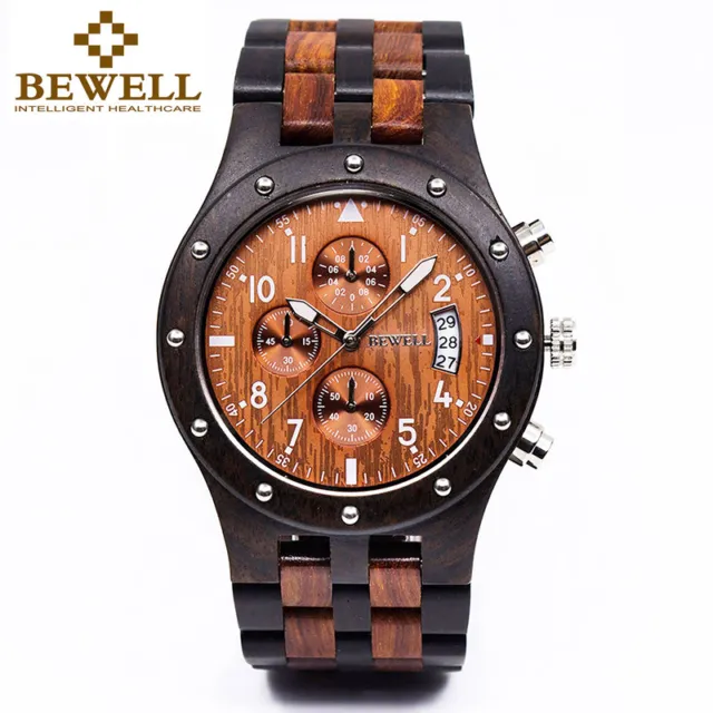 Bewell W109D Wood Watch Men Sub-dials Quartz Movement Date Wooden Wrist Watches