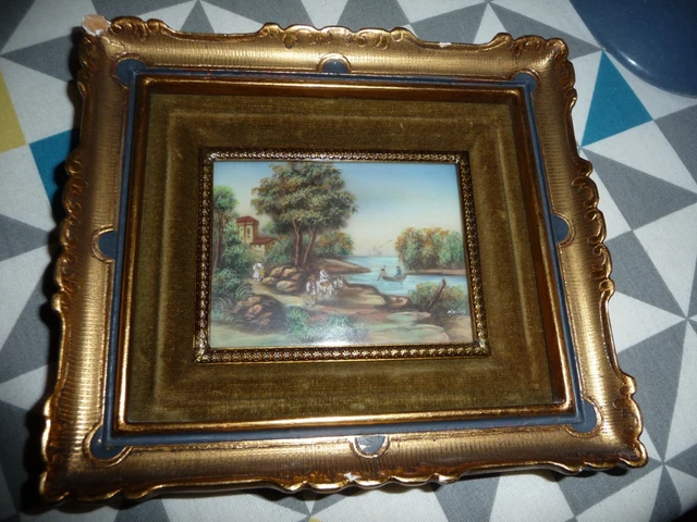Magnifique Broche Ancienne Peinture Miniature à La Main - Paysage De Montagne