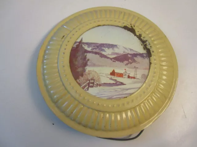 Vintage Stove Fireplace Chimney Tin Flu Cover Metal 8" Winter Farm Scene Round