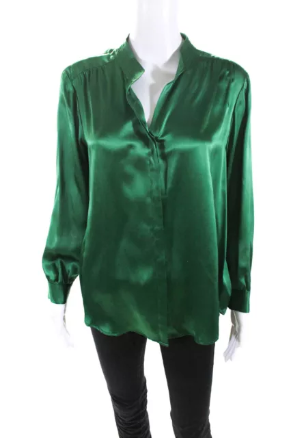 L'Agence Womens Green Satin Silk Long Sleeve Button Down Blouse Top Size L