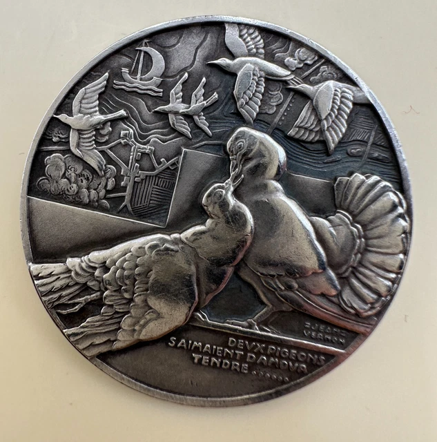 Broche Vintage "Deux Pigeons" En Bronze Argenté - Poésie Jean Vernon, Médaille Romantique / J84