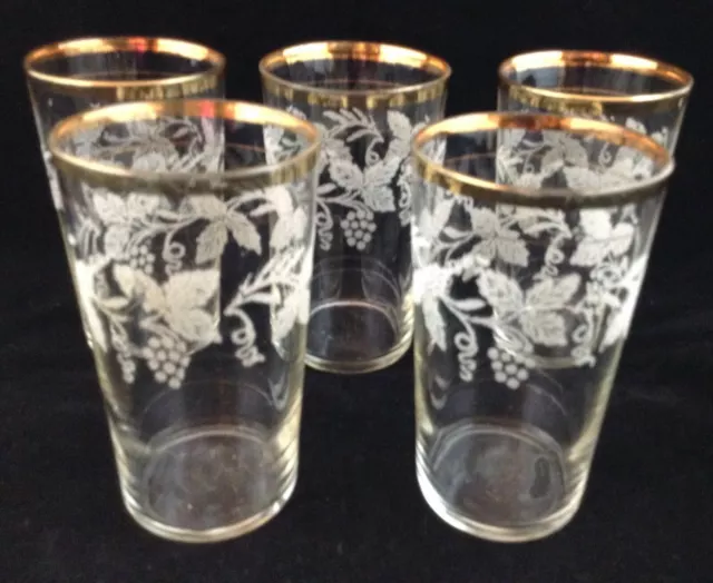 Vtg Bartlett Collins Frosted Grape Vine 8 Oz Glass Tumblers Gold Rim Set of 5