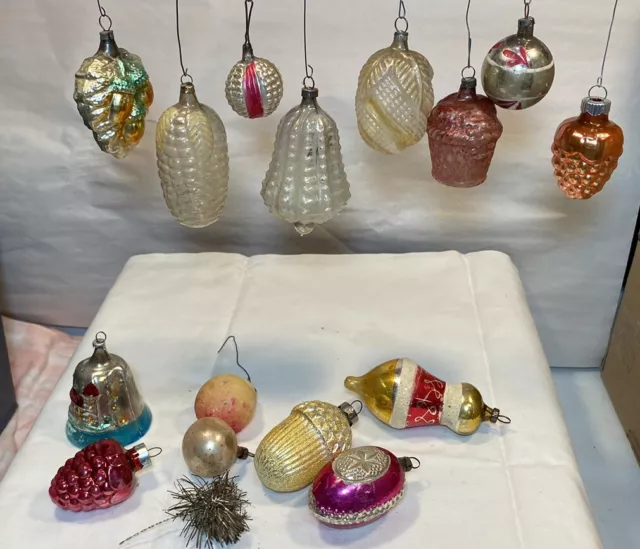 New Vintage Lot of 16 Mercury Glass Christmas Tree Ornaments Bells Bulbs Cones