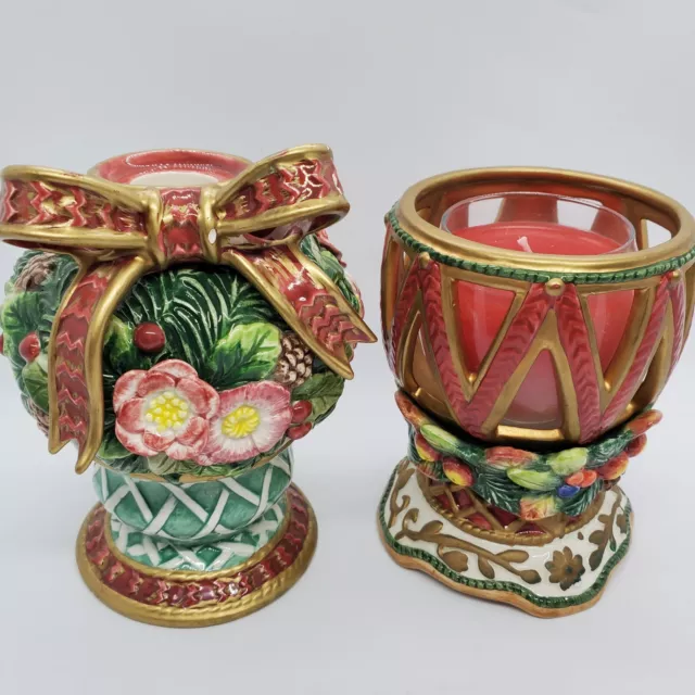 FITZ & FLOYD Classics Christmas Candle Holders Holiday Ceramic Hand Painted