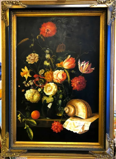 Ölgemälde fein detailreich Stillleben Blumenbouquet signiert gerahmt 108 x 78