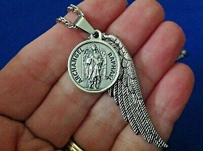 ARCHANGEL St RAPHAEL Saint Medal NECKLACE Pendant Angel Wing PRAYER G3 27" Chain