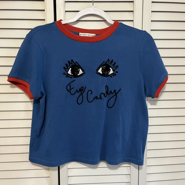 Alice + Olivia Medium Eye Candy Cindy Crop Top Tee Shirt Blue Sequin