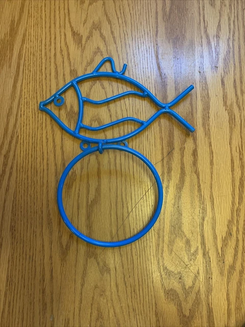 Wall Mounted Towel Ring Holder Hanger Painted Blue Metal Fish Bathroom