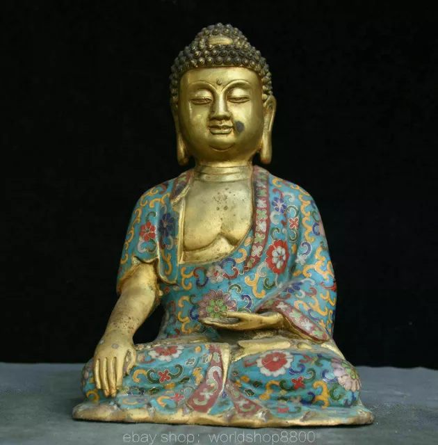 11" Old Tibet Bronze Gild Cloisonne Buddhism Shakyamuni Amitabha Buddha Statue