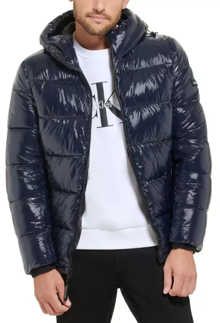 Calvin Klein Mens High Shine Hooded Jacket XXL True Navy - NWT $250