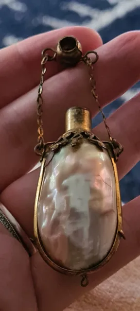ANTIQUE CHATELAINE SCENT BOTTLE WITH STANHOPE Mother of Pearl Napoleon's Tomb