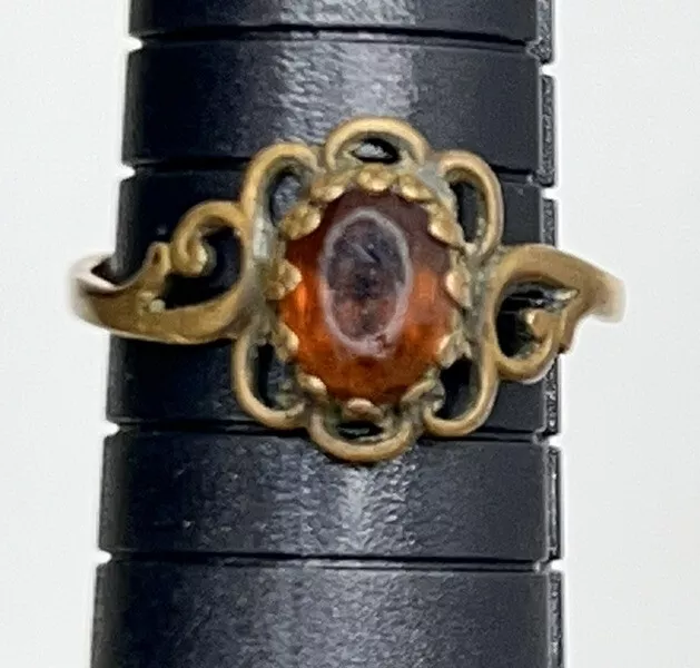 Antique Estate Victorian Brass or Bronze Copper Citrine Glass ornate Ring Size 7