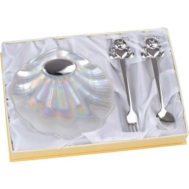 Estuche con 2 Cubiertos Y Concha Cristal con aplique bilaminado plata