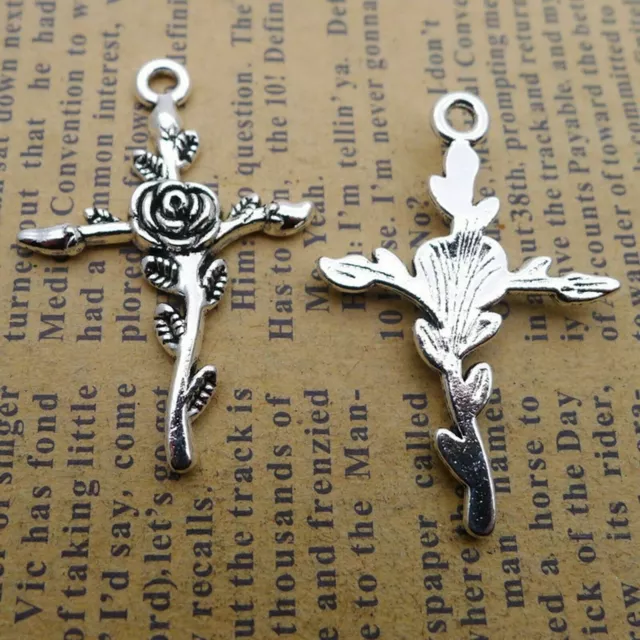 20 Tibet Silver Tone Alloy Rose Cross Charm Pendants 24X35mm Jewelry Making