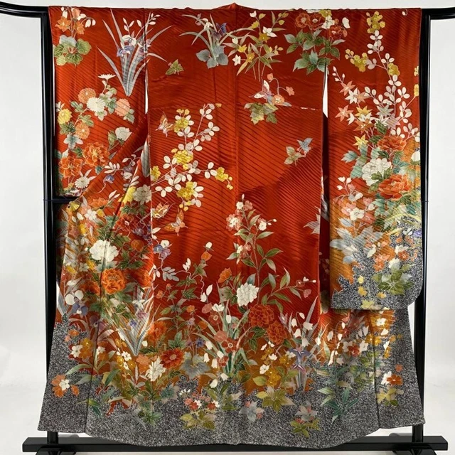 Japanese Kimono Furisode Pure Silk Flowers Gold Thread Embroidery Madder Red
