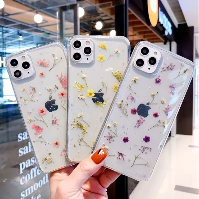 For iPhone 15 14 13 12 Pro Max 11 XS XR 8 Shockproof Dry Flower Clear Case Cover