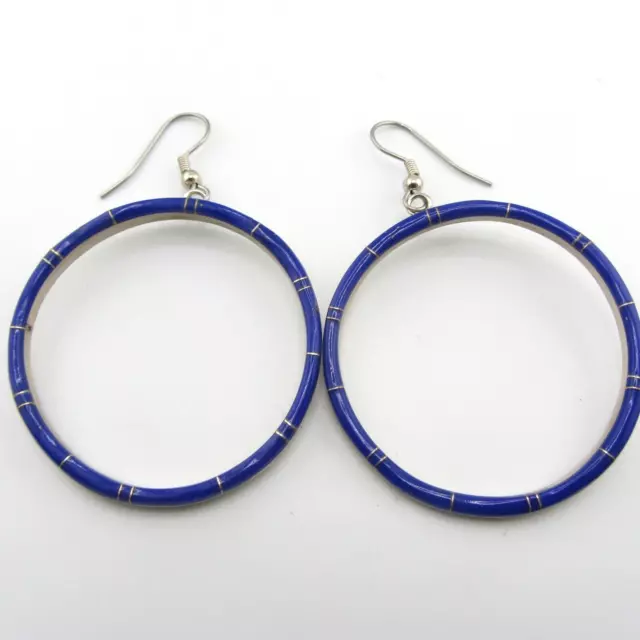 LARGE CHANNEL INLAY Lapis Sterling Silver Hoop Earrings Southwest AD/DA ...