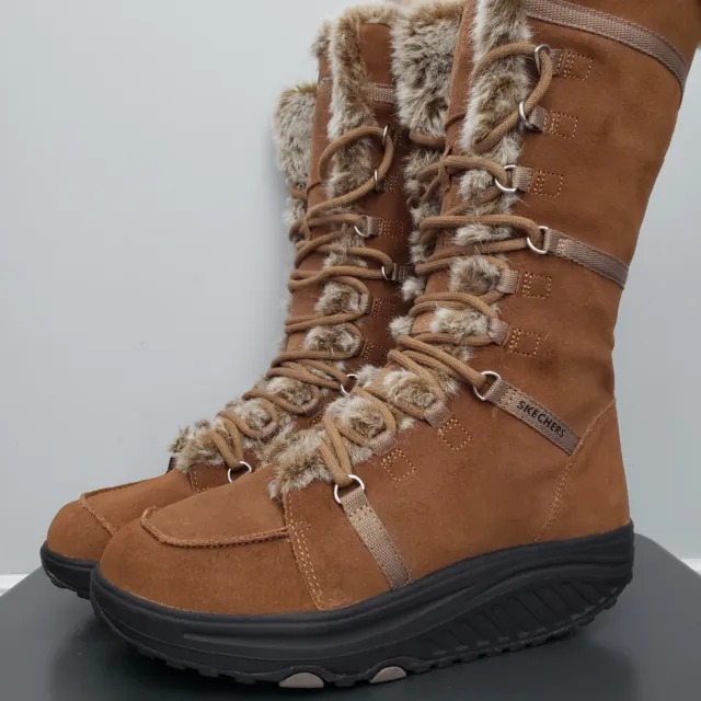 Skechers Shape Ups Boots Women's 7 Chestnut Brown Faux Fur Leather Boots 11812