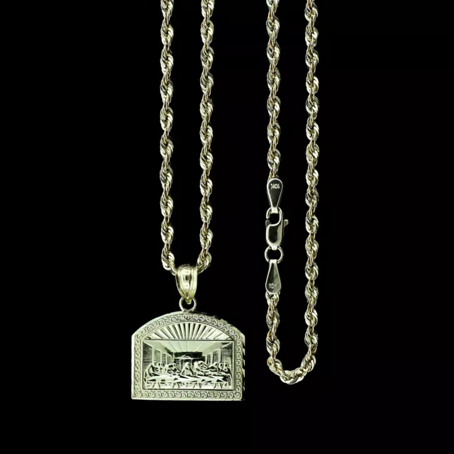 Mens Real 10K Yellow Gold Apostles Last Supper Charm Pendant & 2.5mm Rope Chain