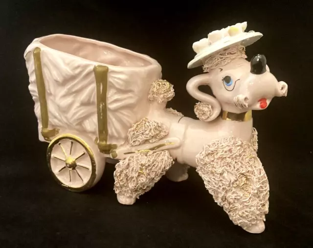 Vintage Lefton Spaghetti Pink French Poodle Cart Planter Wagon Figurine 8" X 5"