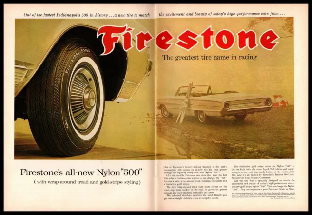 1964 Firestone Nylon 500 Gold-Stripe Tires Ford Galaxie 500 XL 2-Page Print Ad