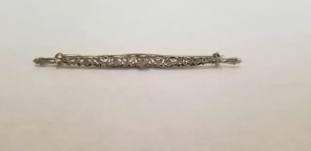 Antique 10K White Gold Filigree Brooch With Center Diamond Edwardian