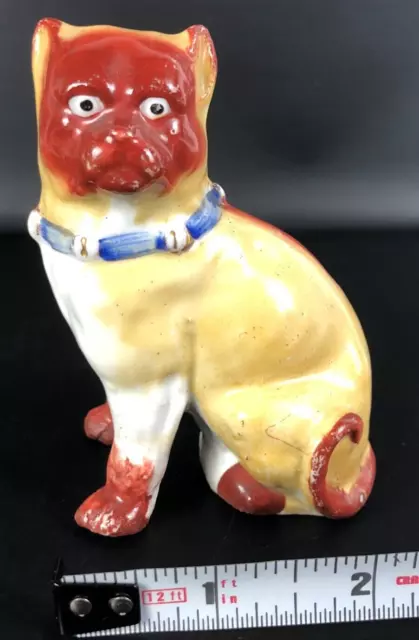 ANTIQUE PUG DOG Figure Dollhouse Miniature Porcelain 3.75" Cat Face Red Orange