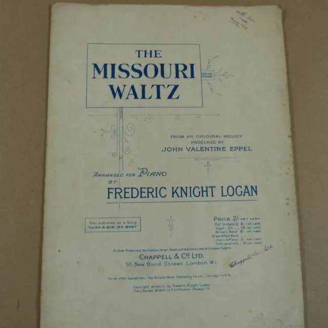 antique piano score FREDERIC KNIGHT LOGAN the missouri waltz 1916, Chappell