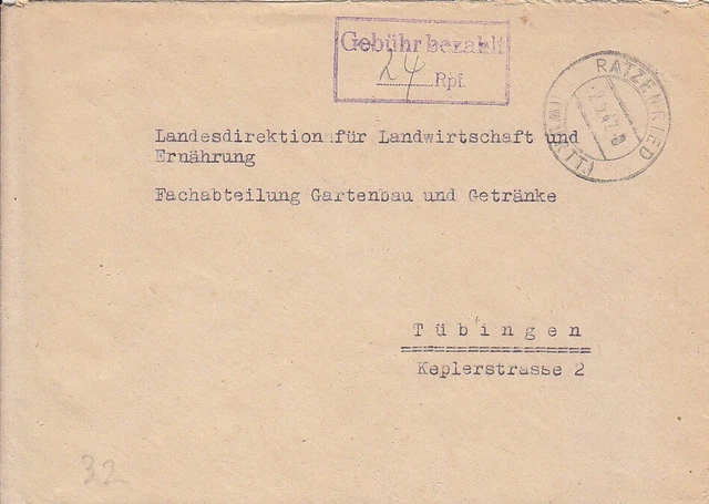 F.Zone - RATZENRIED  (Württ.) - Gebühr bezahlt - Brief - 1947