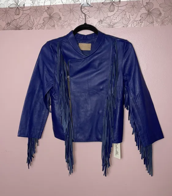 Cleobella Everly Leather Fringe Jacket XS Navy Blue XS New $499