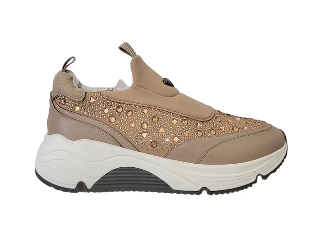 Scarpe Sneakers Slipon Donna Braccialini Tb49C Pelle Tessuto Elastico Nude Beige