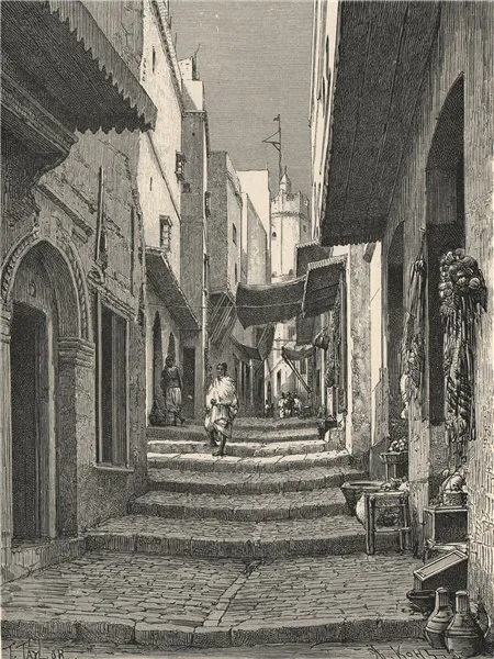 Street view in the Old Town, Algiers. Algeria 1885 antique print picture