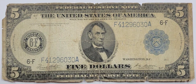 1914 $5 Five Dollar Federal Reserve Note Blue Seal Circulated Atlanta GA *C432