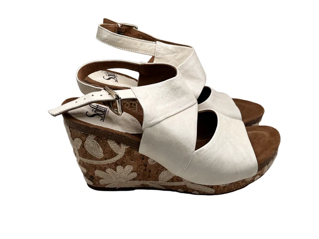 SOFFT CORRINA LATTE White Embroidered Flowers Cork Wedge Sandals