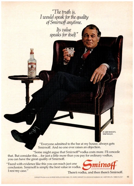Smirnoff Vodka F Lee Bailey Lawyer Vintage Print Advertisement 8x11" 1982