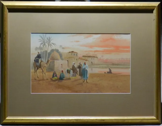 D Lanaro 19thC Italian Orientalist Original Painting Desert Traders Camel Donkey