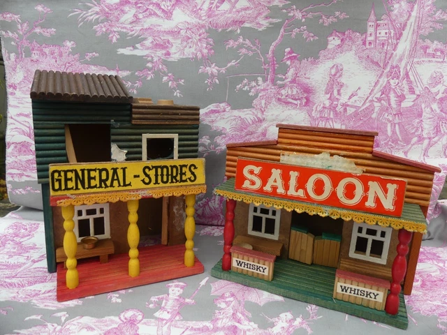 Lot De 2 Bâtiments Miniatures Vero RDA 1:32 - Saloon Et General Stores - Ville Cowboys 1960