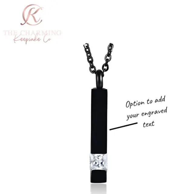 Engraved Cremation Ashes Urn Bar Necklace Black Stainless Steel- Unisex Memorial