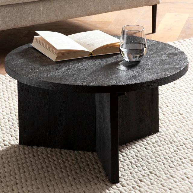 FINEBUY TABLE BASSE Ronde Bois Massif Noir 60 cm Table de Canapé Salon ...
