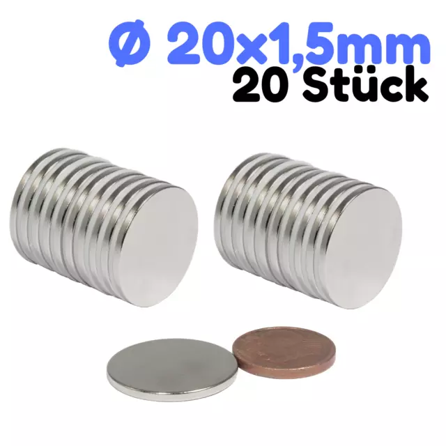 20x Neodym Magnet Scheibe 20x1,5mm 2,3KG Stark Magnetscheibe 20mm Scheibenmagnet