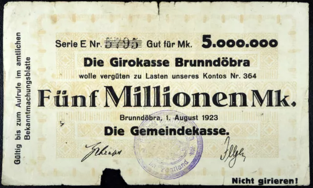 BRUNNDÖBRA 1923 5 Million Mark Inflation Notgeld Banknote Germany