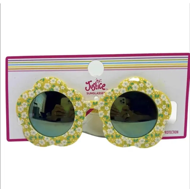 Justice Sunglasses Girls Sunflower Shape Yellow & Green Floral Shades New