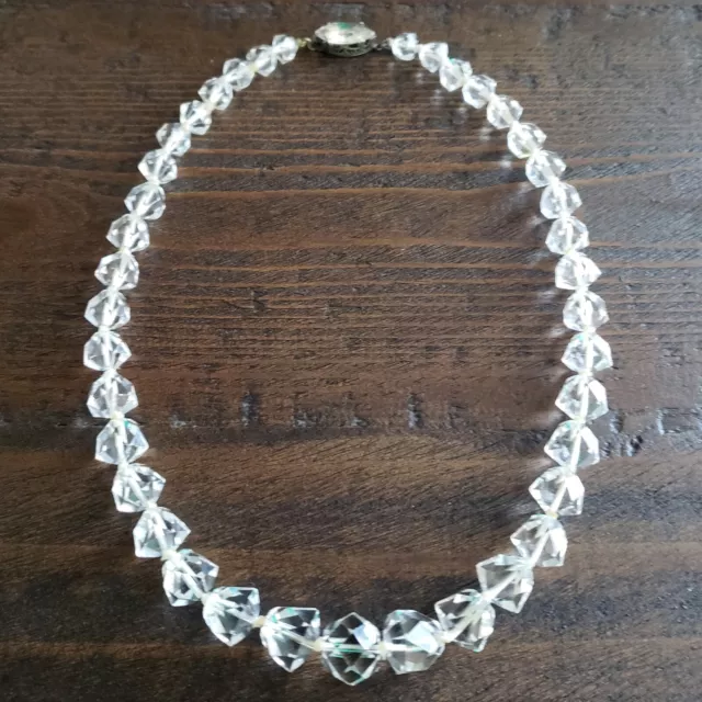 Art Deco Rock Crystal Necklace 16" Sterling Silver Clasp Knotted Faceted Vintage