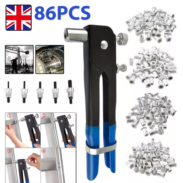 86PCS Threaded Nut Riveter Gun M3-M8 Insert Tool Riveter Rivnut Nutsert Kit UK
