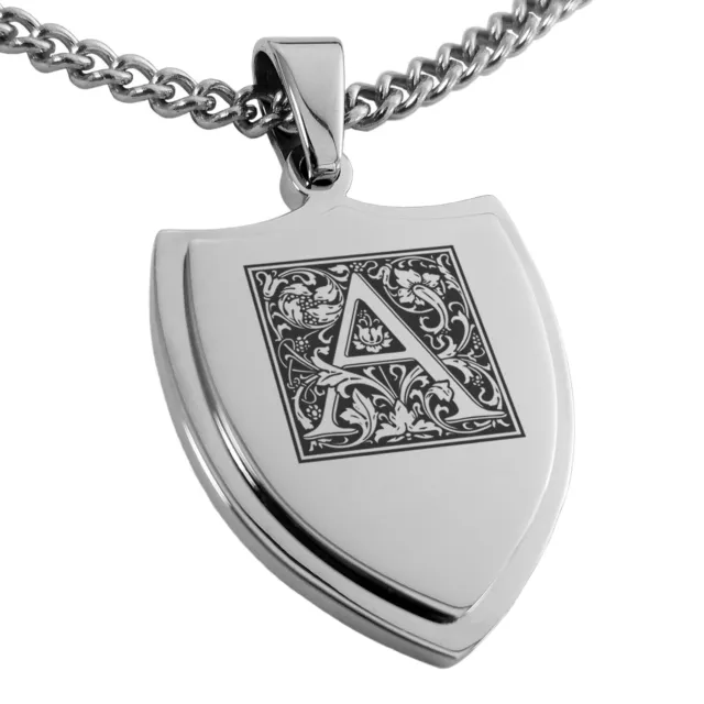 Stainless Steel Letter Floral Box Monogram Shield Dog Tag Neckace or Keychain