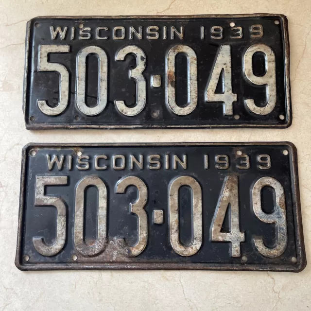 Wisconsin 1939 Pair Auto License Plate Set Vintage Garage Man Cave Collector